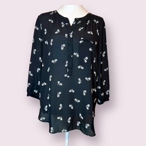NYDJ Bicycle Print Semi-Sheer Popover Blouse Top Black White Medium Petite
